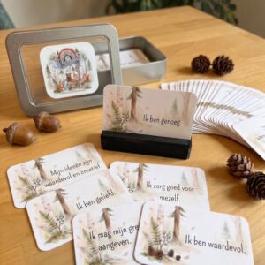 Set van 30 affirmatiekaartjes voor kinderen op fotopapier in bewaarblik met ABS kaarthouder